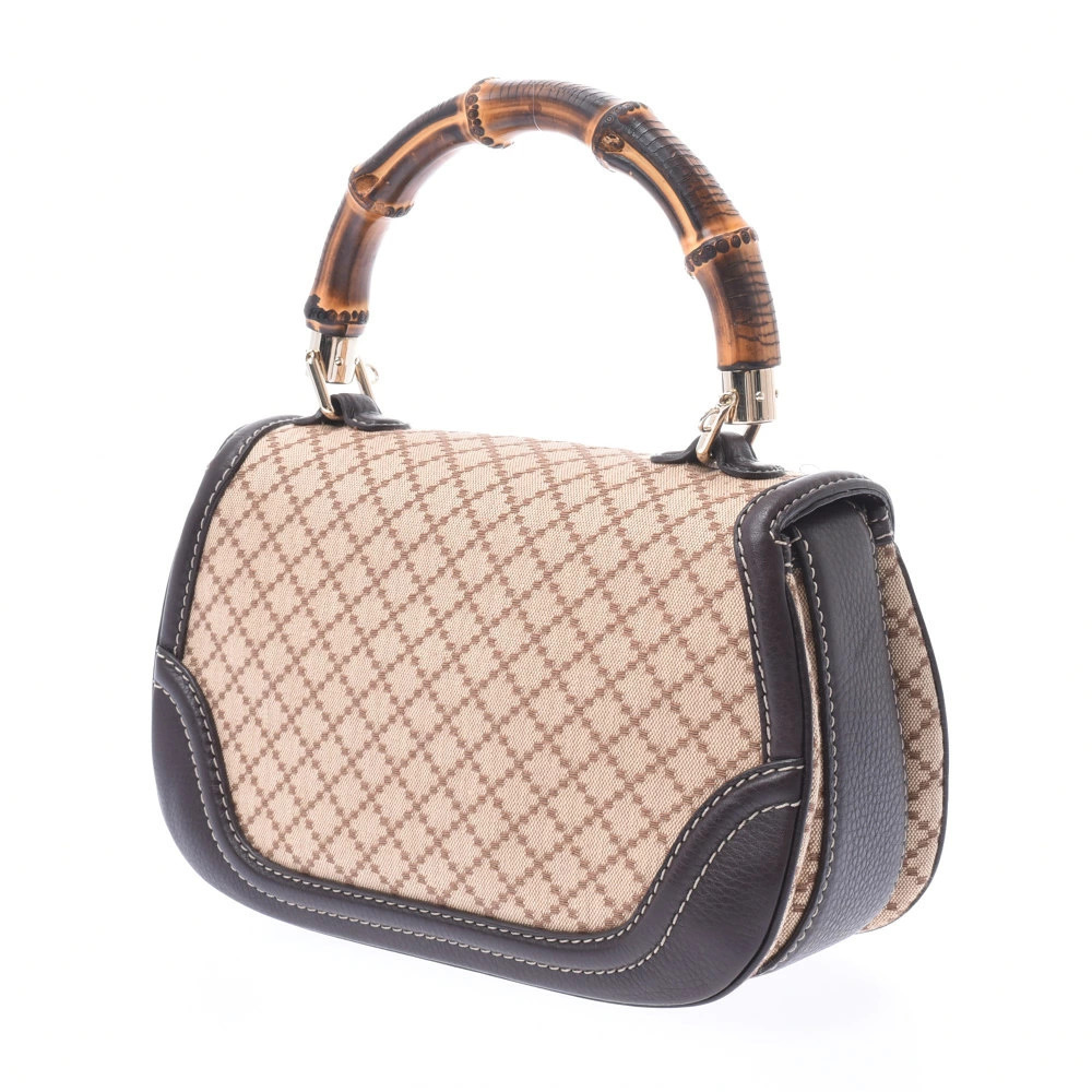 Gucci Canvas Beige Bamboo Handbag Bag Calfskin Tan